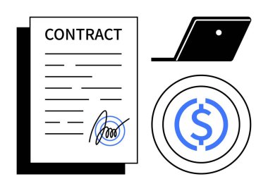 Kontrat belgesi imzalandı, kapalı siyah bir dizüstü bilgisayar ve mavi dolar simgesinin yanında. İş teklifleri, anlaşmalar, yasal belgeler, mali planlama, dijital sözleşmeler için ideal