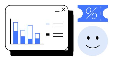 Dijital arayüz, bar tablosu, indirim kuponu ve mutlu yüz. İş analizleri, piyasa araştırmaları, müşteri memnuniyeti, e-ticaret, mali tahminler için ideal