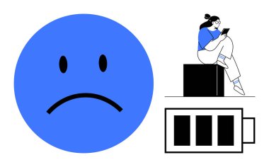 Telefondaki bir kadının yanında düşük pil ikonu olan mavi üzgün bir yüz. Zihinsel sağlık, dijital yorgunluk, tükenme, teknolojik detoks, sosyal medya etkisi, boş zaman, kişisel bakım temaları için idealdir. Satır metaforu