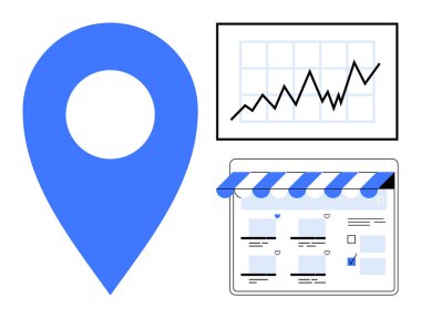 Büyük mavi lokasyon şifresi, yükselen trend grafik ve çevrimiçi mağaza arayüzü. Ticari büyüme, çevrimiçi perakende, e-ticaret, dijital pazarlama, satış performansı, konum hizmetleri analitiği için ideal