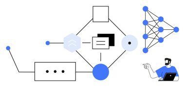 Bağlı geometrik şekiller, veri sembolleri ve nöral ağ düğümleri ağına bağlanan dizüstü bilgisayarı olan kişi. AI, teknoloji, veri analizi, araştırma, yenilik, dijital dönüşüm için ideal