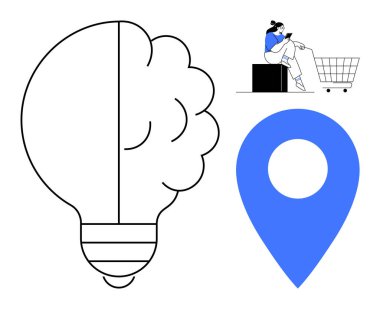 Beyin takviyeli ampul, alışveriş arabasının yanında telefon kullanan biri, mavi lokasyon iğnesi. Teknoloji, yenilik, e-ticaret, alışveriş, GPS modern yaşam tarzı tüketici davranışı için idealdir. Soyut