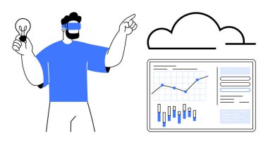 VR kulaklık takan adam ampulü tutuyor ve bulut üzerinde veri analizi paneli gösteriyor. Teknoloji, yenilik, veri analizi, sanal gerçeklik, bulut hesaplama, iş için ideal