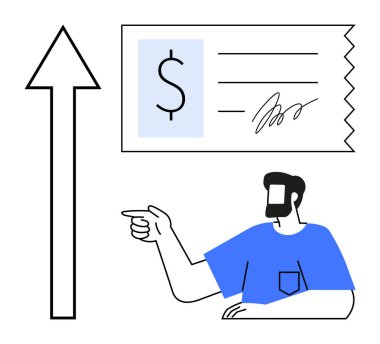 Bir dolar sembolü ve yukarı doğru giden bir okun yanında imzası olan bir çeki işaret eden adam. Finans, yatırım, büyüme, iş geliştirme, zenginlik, ekonomik başarı ve ilerleme için ideal. Soyut
