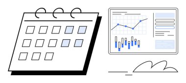 Veri analizi gösterge tablosu çizgisi ve çubuk grafiklerinin yanında işaretlenmiş tarihleri olan takvim. Zamanlama, planlama, proje yönetimi, iş analizi, veri izleme, verimlilik, zaman