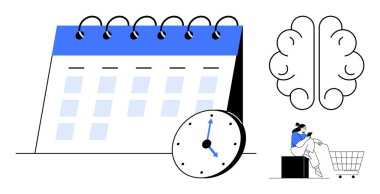 Takvim ve saat, zaman yönetimi, yaratıcılığı temsil eden beyin alışveriş arabası olan kişinin rahatladığını gösteriyor. Üretkenlik, iş hayatı dengesi, planlama, yaratıcılık, programlama için ideal