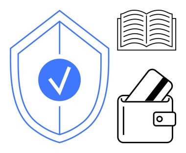İşaretli bir güvenlik kalkanı, açık bir kitap ve kredi kartlı bir cüzdan. Mali güvenlik, eğitim, siber güvenlik, dijital işlemler, kişisel güvenlik, veri koruması ve çevrimiçi için ideal