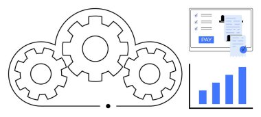 Bulut hesaplama için bir bulutun içindeki dişliler, Ödeme düğmeli maaş listeleri, finansal büyümeyi gösteren çubuk grafiği. Finans, iş, teknoloji, bulut hizmetleri, otomasyon, verimlilik için ideal