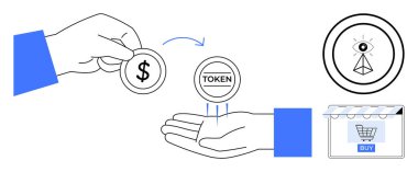 El, dijital bir jetonla bir dolar takas ediyor, kripto para sembolü, göz ve üçgen, online alışveriş arabası, bir Buy düğmesi sergiliyor. Finans, kripto para birimi ve e-ticaret için ideal