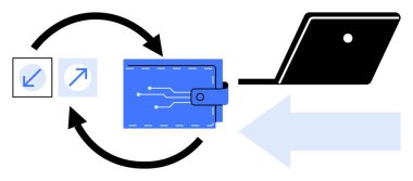 Oklar semboller, dijital cüzdan ve dizüstü bilgisayar arasında akış olduğunu gösteriyor. Güvenlik için ideal, çevrimiçi işlemler, dijital finans, veri transferi, siber güvenlik e-cüzdan teknolojisi bağlantısı. Basit.