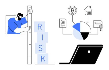 Adam risk bloklarını cetvelle ölçüyor, dizüstü bilgisayarda pasta grafiği gösteriyor. Mali analiz, yatırım stratejisi, risk yönetimi, kripto para birimi eğilimleri, piyasa araştırmaları, veri içgörüleri, ekonomik