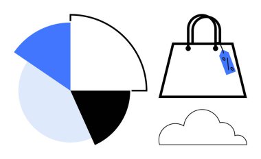 Farklı renklerde turta grafiği, fiyat etiketli alışveriş çantası ve bulut simgesi. İş stratejisi, veri analizi, piyasa araştırması, çevrimiçi alışveriş, dijital pazarlama, teknoloji için ideal