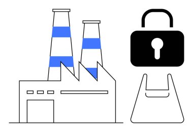 İki baca ve mavi çizgili fabrika. Güvenliği temsil eden büyük bir siyah kilit ikonunun yanında. Siber güvenlik, endüstriyel güvenlik, imalat, güvenli bağlantı ve koruma için ideal