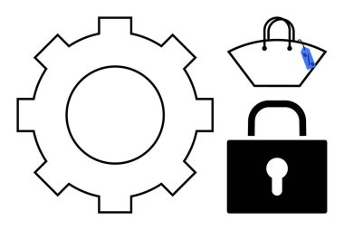 Vites gösterme ayarları, fiyat etiketli alışveriş çantası ve güvenliği simgeleyen kilit. Yapılandırma seçenekleri, e-ticaret, gizlilik koruması, güvenli alışveriş, sistem ayarları, perakende satış için ideal