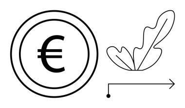 Euro coin alongside a leaf and arrow symbolizing financial investment, eco-friendly growth, and economic progress. Ideal for finance themes, investment, sustainability, growth, economy clipart