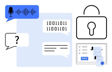 Ses, mesaj ve kod içeren konuşma baloncukları, kilit simgesi, online ödeme formu. Siber güvenlik, şifreleme, veri koruması, çevrimiçi iletişim dijital aktarımları gizlilik bilgisi için ideal