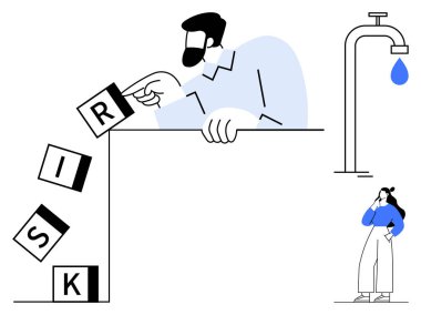 R harfini iten büyük figür RISK sözcüğünün yıkılmasına yol açarken, daha küçük bir figür damlayan bir musluğun yakınındaki endişeyle izliyor. Risk yönetimi, karar verme, tedbir, güvenlik için ideal