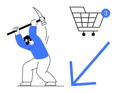 Miner swings a pickaxe, shopping cart with three items, and a downward arrow. Ideal for mining, ecommerce, economic downturns, shopping trends, labor emphasis, investment risks, and productivity clipart