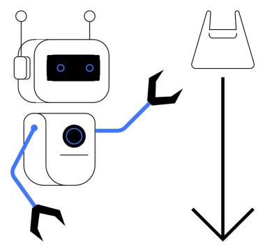 Pençe kollu arkadaş canlısı robot aşağı doğru ok ve el çantası çizgisi ile etkileşime giriyor. Teknolojik yenilik için ideal, yapay zeka kavramları, perakende, otomasyon, dijital yardım, e-ticaret, müşteri