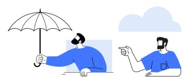 Mavi gömlekli iki adam, biri şemsiye tutuyor, diğeri de önünü işaret ediyor. Takım çalışması, iletişim, destek, liderlik, rehberlik koruma işbirliği için ideal. Minimalist açık mavi beyaz