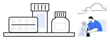 Şişeler, raflarda ilaç paketleri, alışveriş torbalı mavi elbiseli adam. Sağlık, eczane, reçete, ilaç teslimatı ve hasta bakımı için ideal. Çizgi