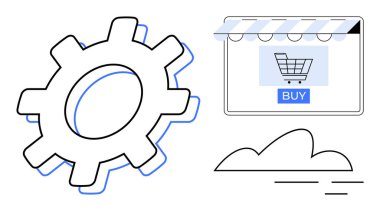 Alışveriş arabası ikonu ve Buy düğmesi olan bir web mağazasının yanındaki büyük vites aletinin altında minimalist bir bulut sembolü var. E-ticaret, otomasyon, online alışveriş, teknoloji, verimlilik için ideal