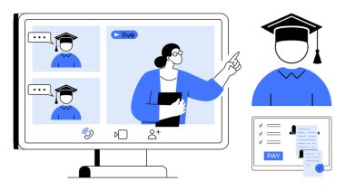Bilgisayar ekranında öğrenciler ve bir öğretmenle sanal bir mezuniyet töreni gösteriliyor. Mezuniyet ikonu ve diploma işlemleri için ödeme formu. Eğitim, teknoloji ve çevrimiçi kurslar için ideal