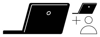 Açık bir dizüstü bilgisayar ve artı işaretli kullanıcı simgesi. Teknoloji için ideal, çevrimiçi iletişim, uzaktan çalışma, dijital bağlantı, kullanıcı bağlantısı, modern çalışma alanları, eğitim. Soyut çizgi