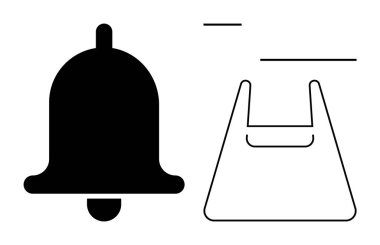 Bir alışveriş poşeti simgesinin yanında çan simgesi bildirim ve perakende temaları karışımı oluşturur. Uyarı, çevrimiçi alışveriş, e-ticaret, tebligatlar, dijital pazarlama, kullanıcı arayüzü için ideal