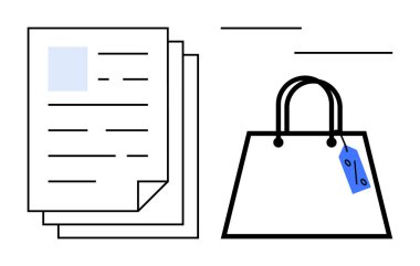 Belgeler fiyat etiketli alışveriş çantasının yanına istiflenir. Perakende, e-ticaret, alışveriş, fatura, muhasebe, finans için ideal. Minimalist stil soyut çizgi düz metafor