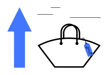 Yukarı doğru mavi ok, indirimli fiyat etiketli siyah çizgili alışveriş çantası. Satış büyümesi, e-ticaret, perakende tanıtımları, alışveriş teşvikleri, tüketim eğilimleri, satış stratejileri, bütçe