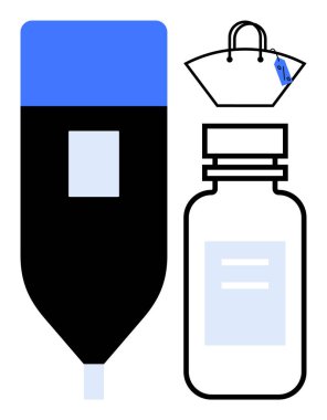 Serum, ilaç şişesi ve etiketli çanta. Sağlık, eczane, ticaret, tüketim, tıbbi tedaviler, sağlık ekonomisi ve hastane pazarlaması için idealdir. Soyut çizgi düz metafor