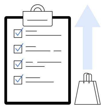 Kontrol işaretli alışveriş listesi, yukarı ok ve alışveriş torbası. Perakende, alışveriş, planlama, verimlilik, organizasyon envanter pazarlaması için idealdir. Satır metaforu