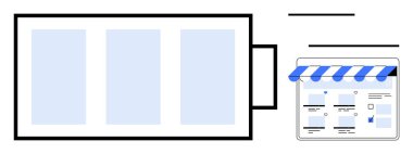 Çevrimiçi bir mağazanın yanında mavi-beyaz çizgili tenteli ve web sayfası elementleri olan üç bölümlü dijital batarya. E-ticaret, enerji tasarrufu, güç verimliliği için ideal, çevrimiçi