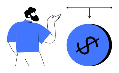Mavi gömlekli biri, siyah dolar işareti olan mavi bir dairede el kol hareketi yapıyor ve üzerinde ok olan bir çizgi var. Finans, ekonomik eğilimler, yatırım, para birimi devalüasyonu, mali