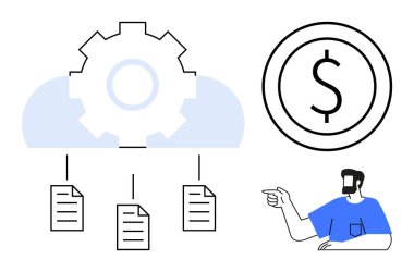 Vites ve bulut bulut teknolojisi senkronizasyon belgelerini temsil ediyor. Adam maddi değeri olan dolar simgesini gösteriyor. Teknoloji, finans, yenilik, veri, iş stratejisi, otomasyon, modern
