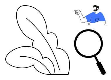 İnsan soyut yaprakları ve büyüteçleri göstererek yön, arama ve doğa fikirlerini birleştirir. Keşif, araştırma, rehberlik, keşif, merak araştırma büyümesi için ideal