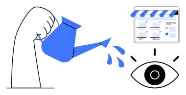 Elinde bir su kovası, düşen damlalar, grafiksel göz çizelgesi olan bir torpido gözü. Dijital büyüme, veri analizi, iş stratejisi, pazarlama, vizyon geliştirme gözlemi için ideal