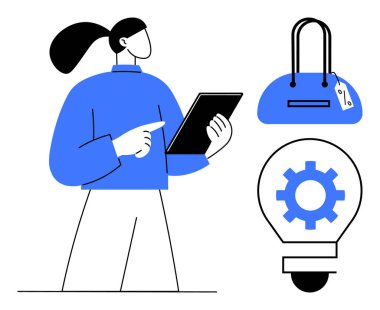 Tablet kullanan bir kadın, fiyat etiketli bir çanta, dişli sembollü bir ampul. E-ticaret, çevrimiçi alışveriş, teknoloji, yenilik, iş stratejisi dijital araçlar yaratıcı düşünce için idealdir. Çizgi