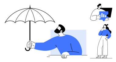 Kadın verileri analiz ederken, kadın şemsiyeli adam koruma sağlıyor ve başka bir kadın şaşırmış görünüyor. Takım çalışması, işbirliği, destek, veri analizi, problem çözme, beyin fırtınası için ideal