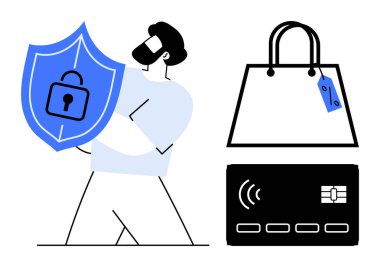 Kalkanı kilitli tutan adam, fiyat etiketli alışveriş çantası ve güvenli online alışverişi gösteren ödeme kartı. E-ticaret, siber güvenlik, perakende, dijital işlemler, çevrimiçi bankacılık için ideal