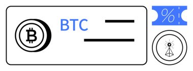 Bitcoin para birimi sembolü, BTC metin, faiz yüzdesi simgesi, engelleme zinciri güvenliğini temsil eden soyut göz. Kripto para birimi, finans, engelleme zinciri teknolojisi, yatırımlar, dijital para birimi için ideal