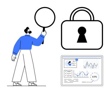 Büyüteç tutan adam, ekrandaki verileri analiz ediyor. Siber güvenliği temsil eden büyük kilit sembolü. Siber güvenlik, veri analizi, IT, çevrimiçi güvenlik, dijital güvenlik, teknoloji için ideal