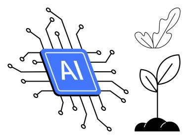 Merkezi yapay zeka mikroçipi bağlı düğümler, bitişik bitki filizi ve yaprak anahatlarıyla. Temalar için ideal teknoloji, yapay zeka, yenilik, büyüme, sürdürülebilirlik doğa ve çevresel etki. Siyah mavi