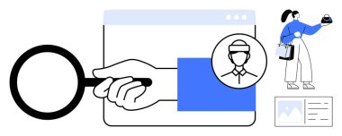 El ele tutuşan büyüteçle tarayıcı penceresinin üzerinde avatar simgesi ve görüntü var. Pencerenin yanında duran kişi içerikle etkileşim halindedir. Arama, kullanıcı kimliği, çevrimiçi etkileşim için ideal