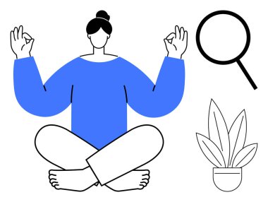 Elleri çapraz bir pozisyonda meditasyon yapan biri iyi bir jest yaparak cam büyüteç, bitki. Farkındalık, kendini keşfetme, sakinlik, zihinsel berraklık, büyüme, keşif için ideal