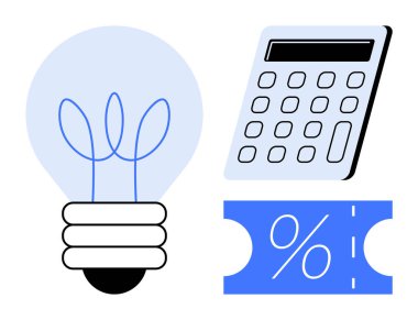 Ampul yaratıcılığı ve fikirleri, hesaplamalar ve finans için hesap makinesini ve indirimler ve tasarruflar için yüzde sembolünü temsil eder. İş, finans, yaratıcılık, eğitim ve planlama için ideal
