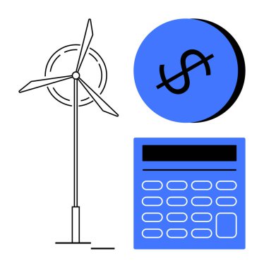 Rüzgar türbini, mavi hesap makinesi ve dolar işareti olan mavi bir daire. Finansal planlama, bütçe analizi, sürdürülebilirlik, yenilenebilir enerji, yeşil yatırımlar, maliyet verimliliği gelecek