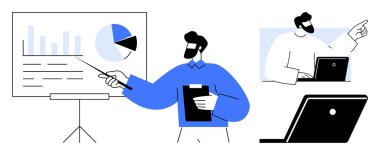 Sunucu grafik ve grafiğe işaret ediyor, panoyu tutuyor, meslektaşı dizüstü bilgisayarda. İş stratejisi, takım çalışması, veri analizi, proje planlaması, eğitim eğitimi, kurumsal toplantılar için ideal