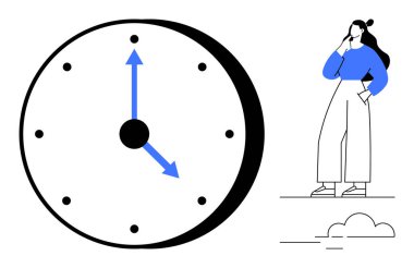 Büyük saat, siyah sayılar ve mavi saat kollu, eli çenesinde olan bir kadın, bulutlar. Zaman yönetimi, üretkenlik, yansıma, planlama, mühlet, soyut karar verme